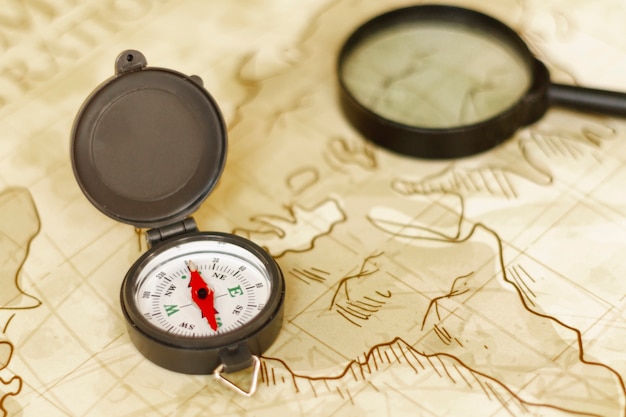 High angle map with magnifier and compass