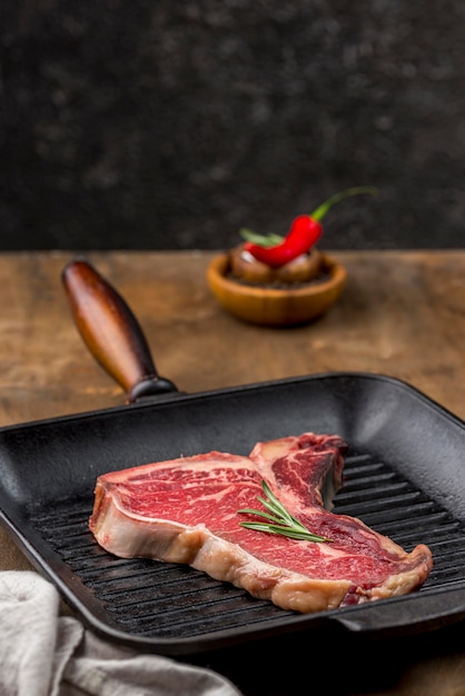 High angle of meat in pan with herbs