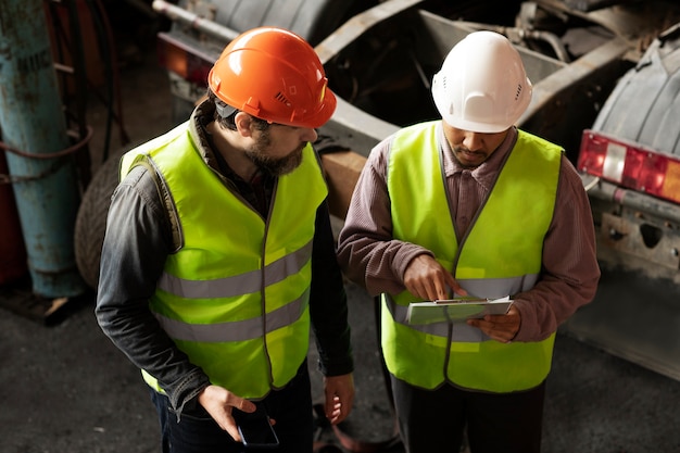 High angle men wearing equipment