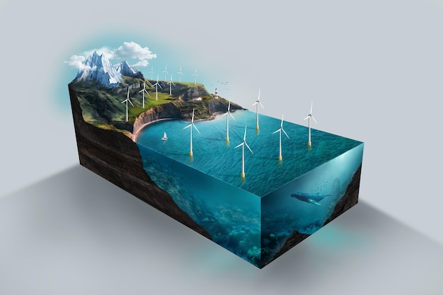 Free Photo high angle of model for renewable energy with wind turbines