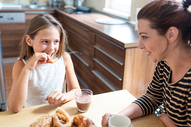 High angle of mother and daughter in kitchen