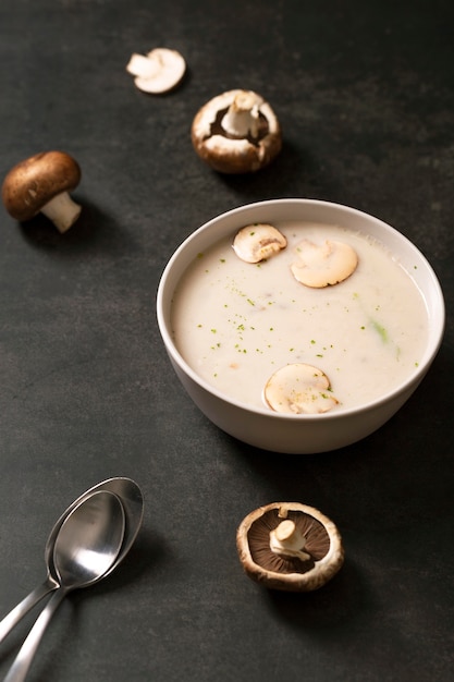 High angle of mushrooms cream soup