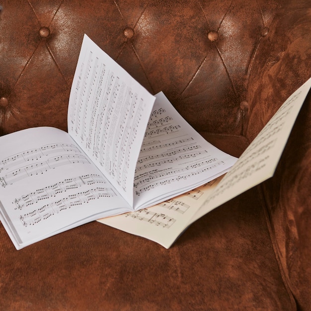 Free photo high angle of music sheets on the sofa