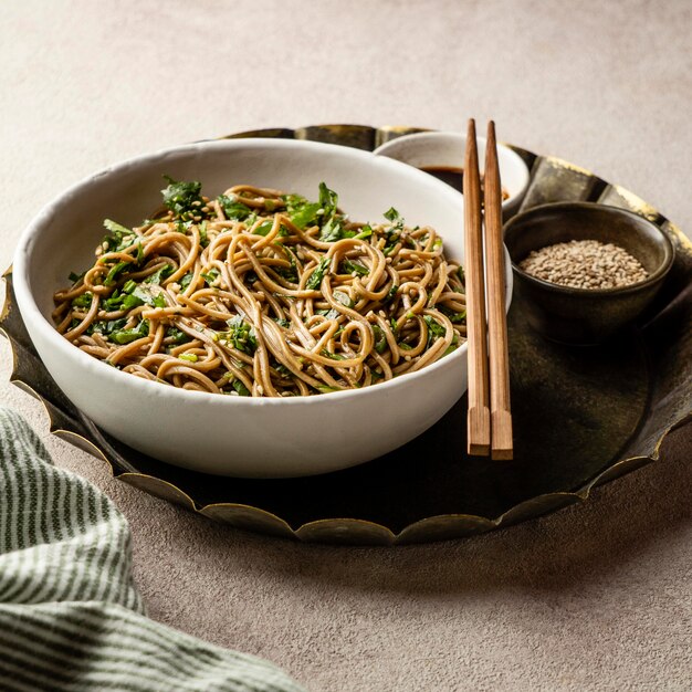 High angle noodles in a bowl assortment