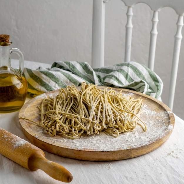 High angle noodles on wooden board