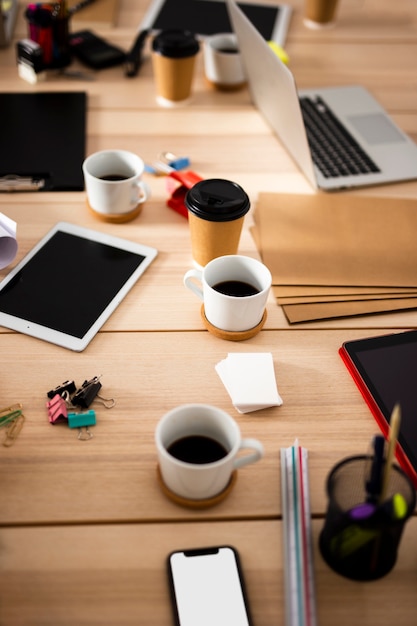 High angle office with electronic devices