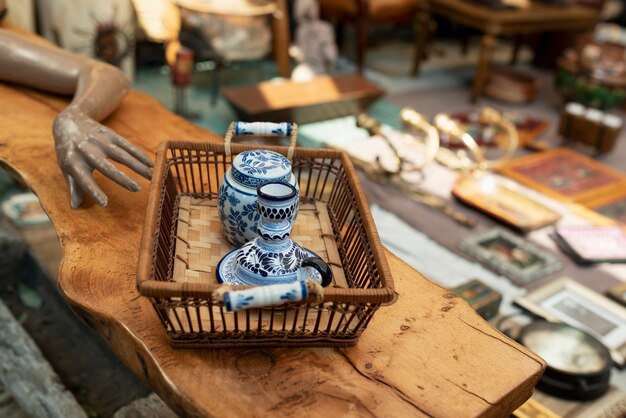 High angle old vessels at second hand market