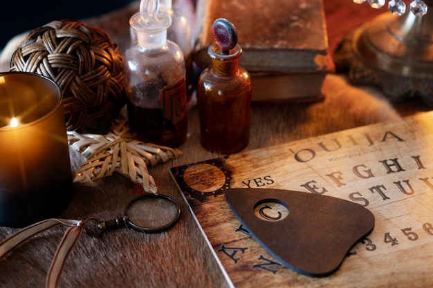 High angle ouija board and small bottles