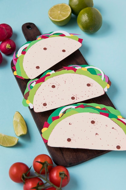 Free photo high angle paper tacos on wooden board