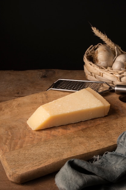 High angle parmesan on cutting board