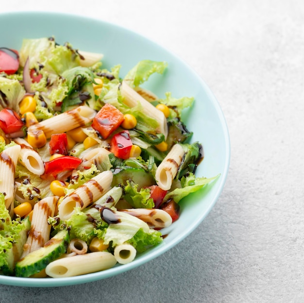 High angle pasta salad with balsamic vinegar