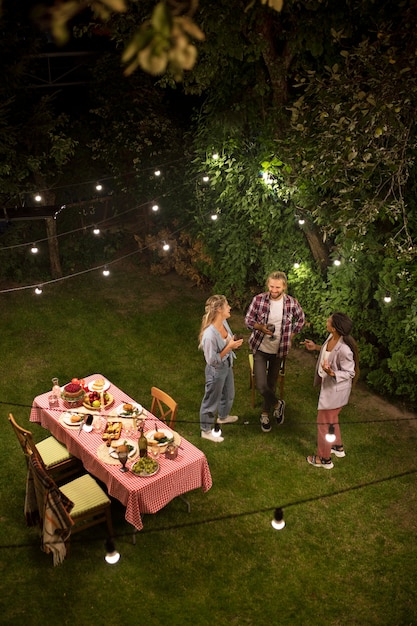 High angle people partying in nature