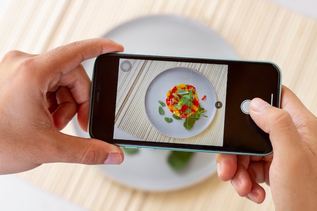 High angle of person taking photo of food on plate with smartphone