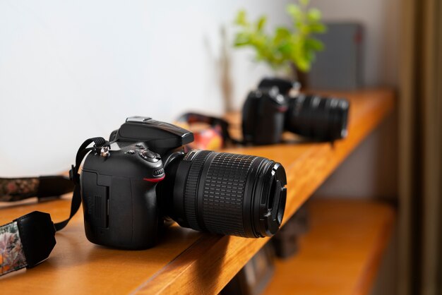 High angle photo camera indoors still life