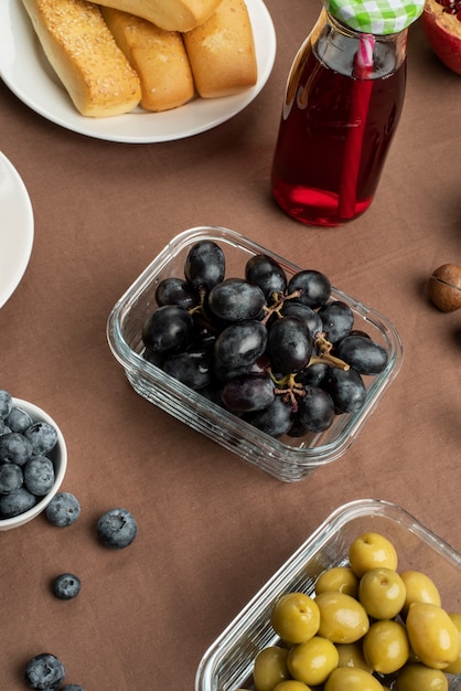 High angle picnic arrangement with food