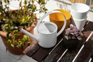 Free photo high angle plants and watering can