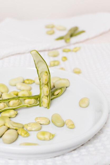 High angle of plate of beans with cloth