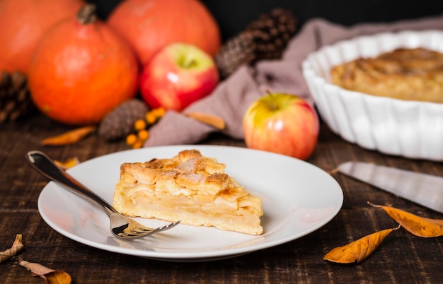 High angle of plate with thanksgiving apple pie slice