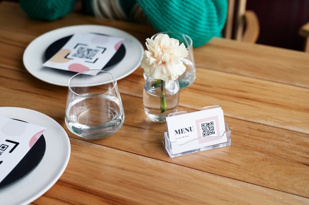 High angle qr code notes at restaurant