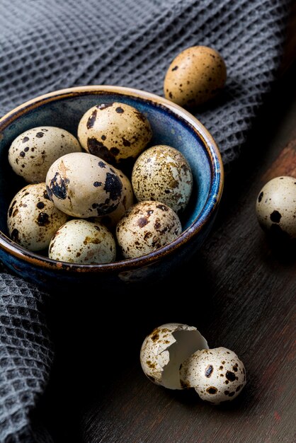 High angle quail eggs in bowl