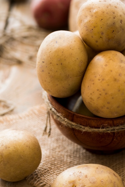 High angle raw potatoes in bowl