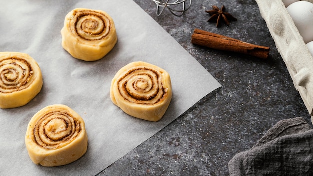 High angle ready to bake cinnamon rolls