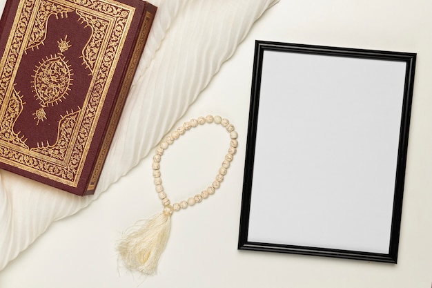 High angle religious book and bracelet