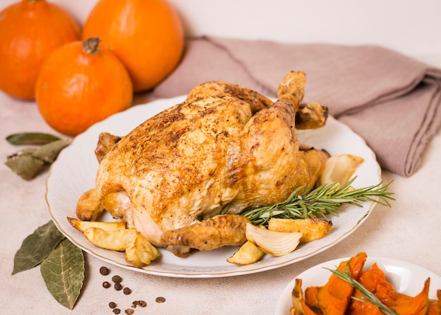 High angle of roasted chicken for thanksgiving dinner