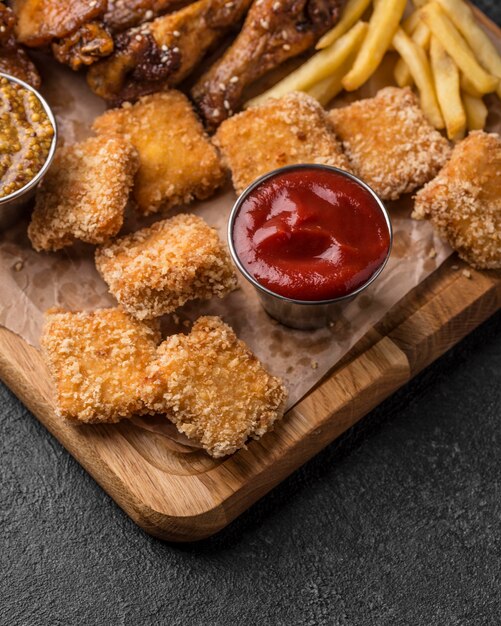 High angle of sauce on chopping board with fried chicken and nuggets