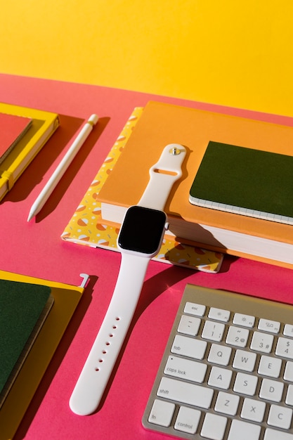 High angle school supplies on the table assortment