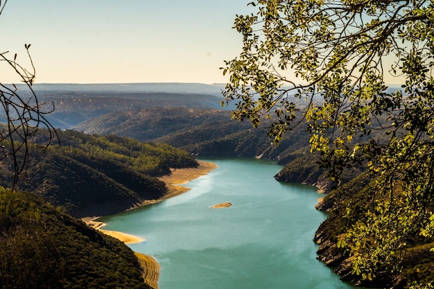 Free photo high angle shot of a big river surrounded by tree-covered hills