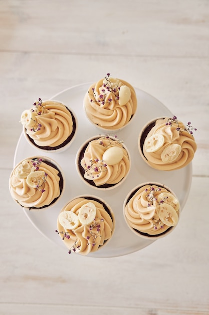 Free photo high angle shot of delicious chocolate cupcakes with white cream topping