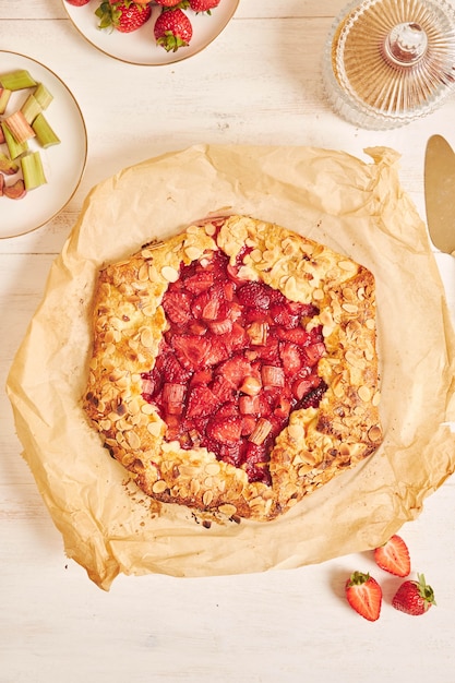 Free photo high angle shot of delicious rhubarb strawberries gallate cake with ingredients on a white table