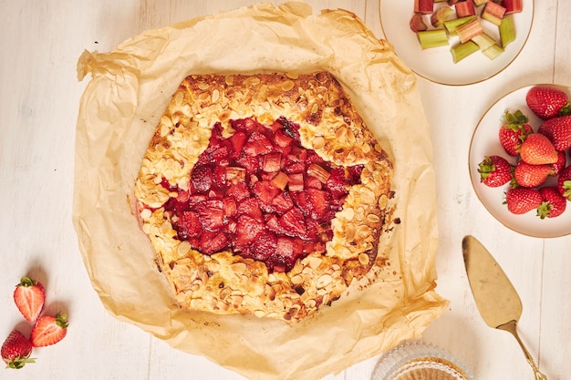 Free photo high angle shot of delicious rhubarb strawberries gallate cake with ingredients on a white table