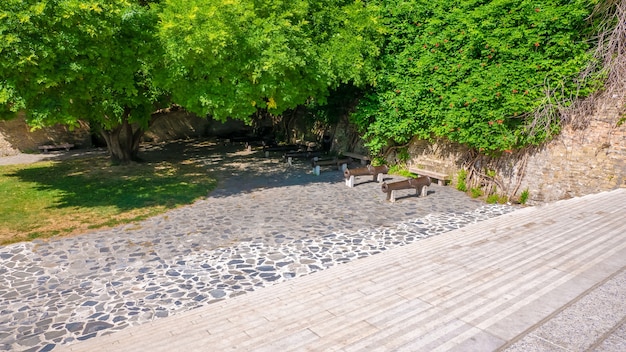 High angle shot of an empty park with blooming green trees on the walls