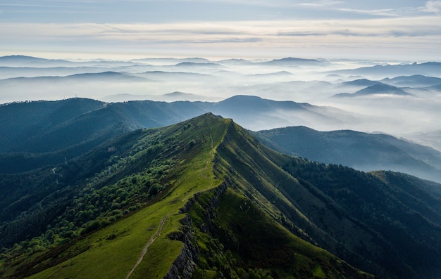 High angle shot of foggy hills