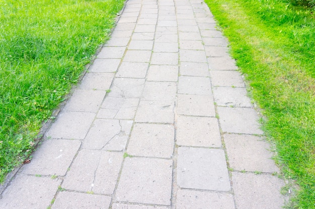 Free photo high angle shot of footpath made of stone tiles surrounded by green grass