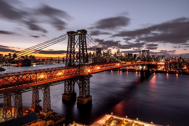 High angle shot of an illuminated suspension bridge at night