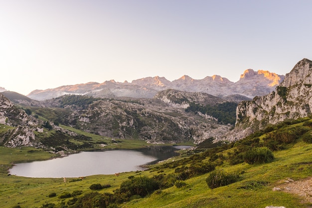 Free Photo high angle shot of lake ercina surrounded by rocky mountains