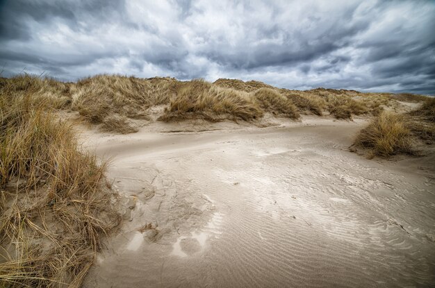 High angle shot of a lake full of dirt in the middle of a field under the cloudy sky