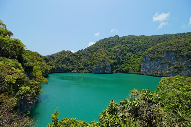 High angle shot of a lake surrounded by tree covered mountains captured in Thailand