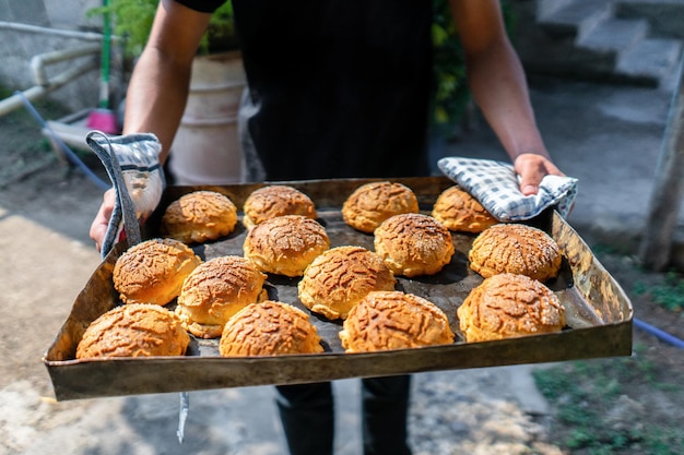 Free photo high angle shot of a person holding a tray with freshly baked round cookies