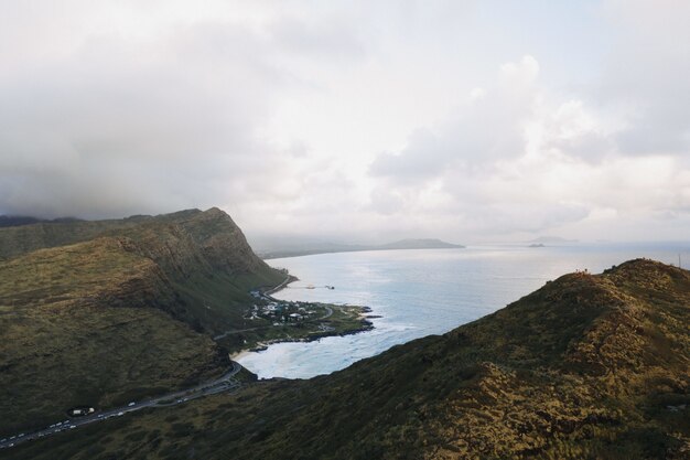 High angle shot of a seashore with a cloudy sky