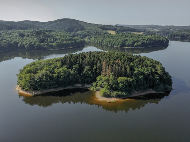 High angle shot of a shore covered in trees in the sea with a clear blue sky