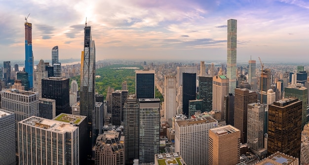 High angle shot of the skyscrapers in the evening in New York, USA