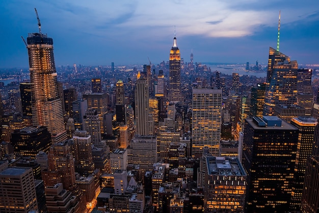 High angle shot of the skyscrapers in the evening in New York, USA