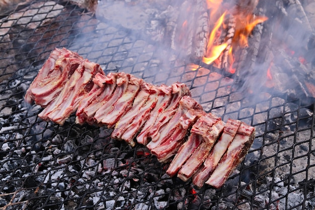 High angle shot of some delicious meat being cooked on the fire on a barbecue