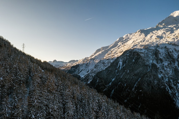 High angle shot of a Wintersport village, Sainte-Foy-Tarentaise in the Alps in France