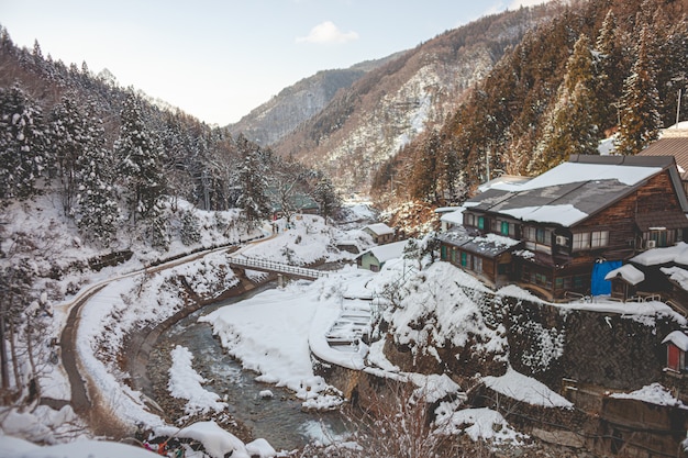 High angle shot of a wooden house surrounded by forested mountain covered in snow in winter