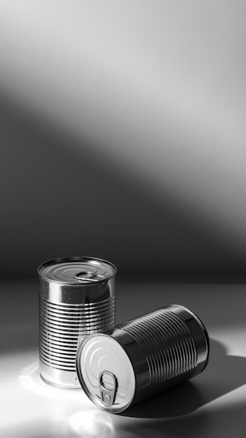 Free photo high angle silver tall round tin cans with copy-space